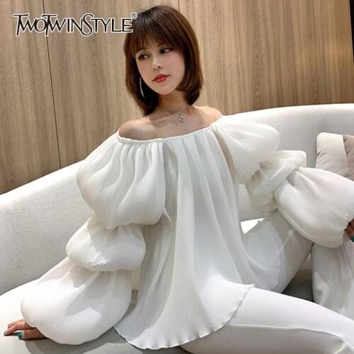 TWOTWINSTYLE Casual White Pleated Loose Shirts Women Slash Neck Lantern Long Sleeve Korean Fashion Woman Blouses 2021 Spring New