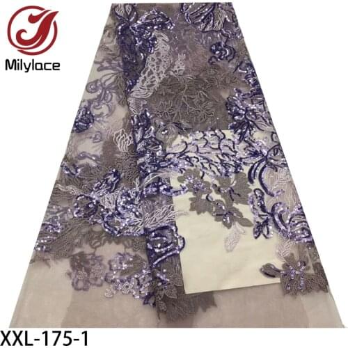 African French Net Lace Fabric Embroidered Tulle Lace Fabric with Sequins High Quality Net Lace Fabric for Evening Dress XXL-175