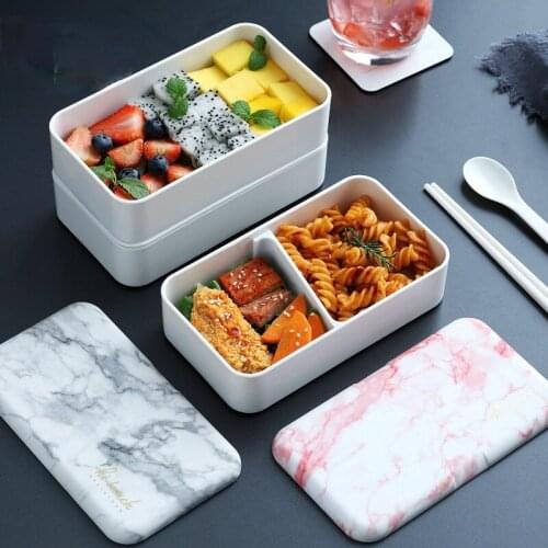 Marble Pattern Japanese Double-Layer Lunch Box Office Student Bento Microwave Dinnerware Food Storage Container
