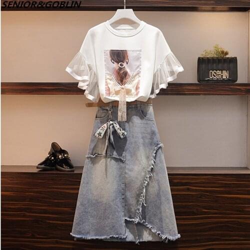 2020 Summer Women Short Sleeves Bow Girls Print T-shirt + Denim A Line Skirts 2 pcs set Female suits