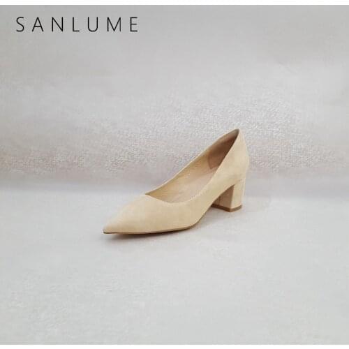 SANLUME Autumn Block Heel Chunky Pumps Women Elegant Office Shoes Woman High Heels Career Genuine leather Slip On Pointed Toe