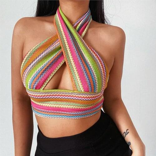 Mexican Rainbow Striped Tank Top Women 2021 Summer Knitted Backless Sleeveless Casual Y2K Off Shoulder Sexy Crop Tops