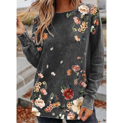 New Style Flower Top Graphic Vintage Plus Fashion Tops Womens Loose Printed Pullover Round Neck Long Sleeve Casual Top