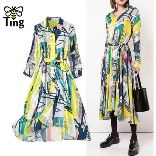 Tingfly Summer Fashion Geometric Color Block Street Casual Single Breasted Midi Dress Lady Office Style Shirt Dress Vestidos Za
