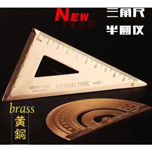 1 Set Vintage Brass Handy Triangular Ruler + Graphometer Ruler School Copper Metal Natural Color EDC Tools Escolar Material