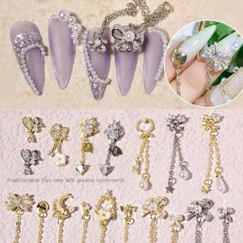10pcs Luxury Zircon 3D Nail Art Decorations Shiny Pearl Diamonds Crystal Alloy Chain Pendant Jewelry Manicure Design Accessories