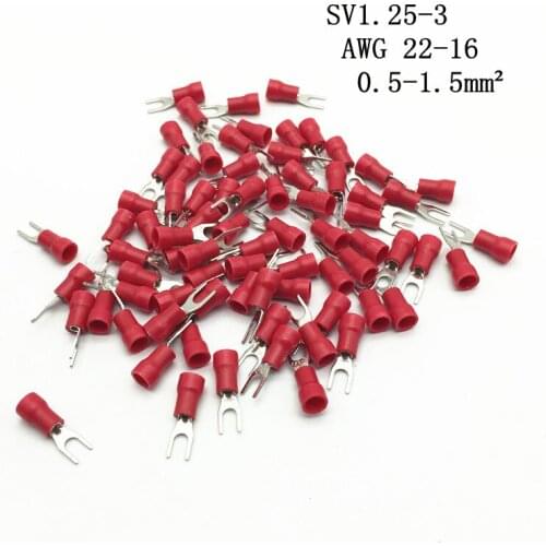 100pcs SV1.25-3 Insulated Spade Terminal Block Connector Electrical Furcate Lug Crimp Cable Wire Forked End Insulation
