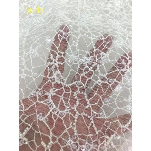 5yards White embroidery lace sequined beads fashionable European and American style fabric used for wedding dress design