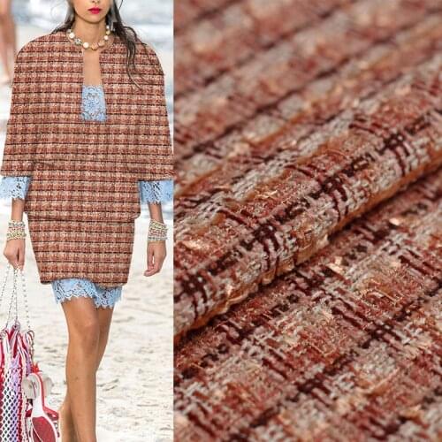 50x145cm Fashion Orange Lattice Pattern Tweed Fabric Yarn Dyed Braided Jacquard Fabric For Women Overcoat Skirt Fabric DIY