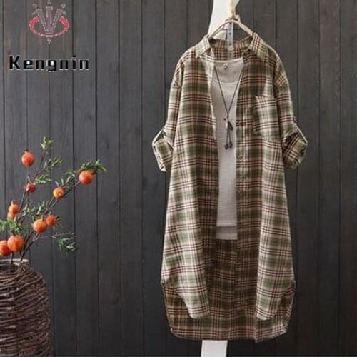 Plus Size Loose Plaid Shirts Woman 2021 Autumn Long Sleeve Ladies Blouse Vintage Midi-Long Casual Blause Tops Female KN246