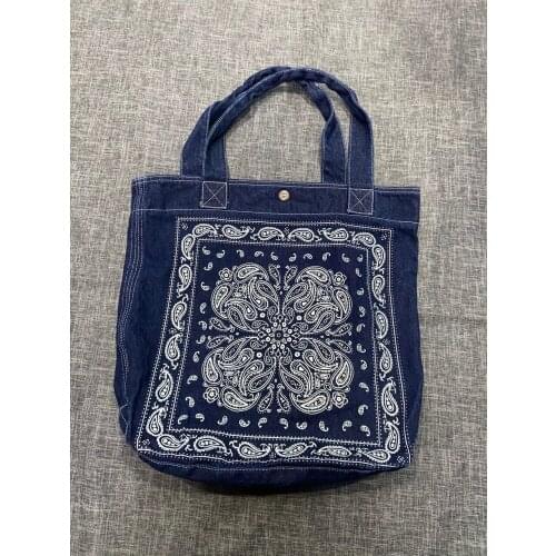 Bohemian Denim Shoulder Bag 2021 New Printed Cashew Flower Large Capacity Casual Cloth Bag Denim Bags for Girls Canvas Totes