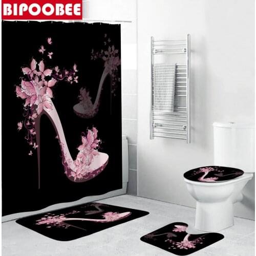 Black Shower Curtain Pink High Heels Bathroom Curtains with Hooks Non-Slip Rugs Toilet Lid Cover Mat Carpet Set Home Decor
