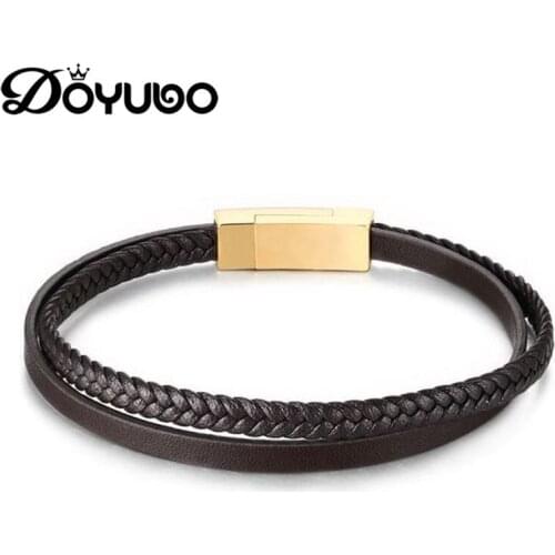 DOYUBO Korean Fashion Brown Genuine Leather Bangles Gold Color Stainless Steel Square Tag Chamr Bracelet For Women Jewelry DD095