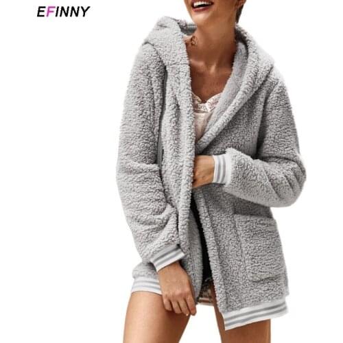EFINNY Autumn Winter Women Jacket Solid Hooded Zipper Cardigan Casual Loose Lady Coat Female Tops with Pockets