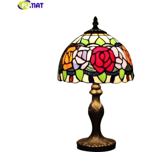 FUMAT European Rose Lampshade Table Lamps Stained Glass Lamp For Bedside Pastoral Living Room Coffee Bar Marriage Table Lights