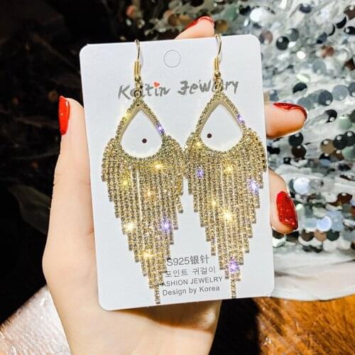 FYUAN Long Tassel Crystal Drop Earrings for Women 2019 Bijoux Gold Shiny Full Rhinestone Dangle Earring Statement Jewelry
