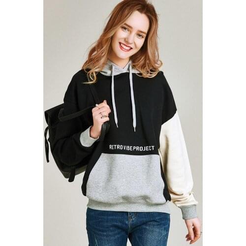 HAVVA Autumn and Winter Women’s Pullover Lace-up Hooded 100% Cotton Patchwork Loose Sweatshirt V31460