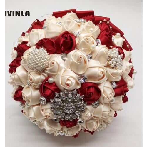 Hot selling Red+Cream wedding bridal bouquet wedding bouquets with diamond rhinestone crystal for wedding decoration