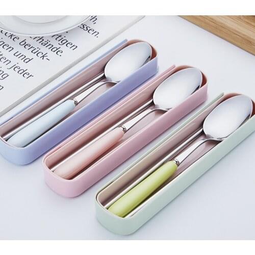Candy color ceramic handle stainless steel chopstick spoon, set of three-piece set of outdoor portable tableware set