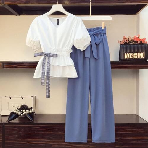 2021 Summer New Large Womens Clothing Loose And Thin Wide Leg Pants Crop Tops Two Piece Set Female V-neck T Shirts Office Suits