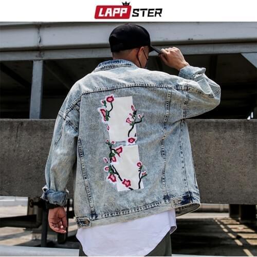 LAPPSTER Men Embroidery Japanese Streetwear Denim Jacket 2020 Mens Denim Jacket Male Vintage Blue Korean Harajuku Windbreaker
