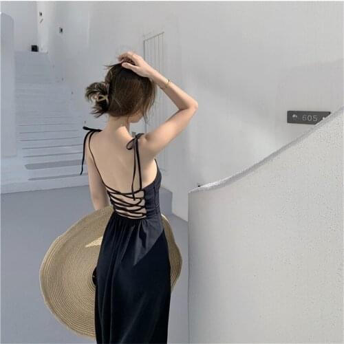 Summer Spaghetti Strap Dress Backless Sexy Sundress Women V-Neckl Black Chiffon Dress Holiday Beach Wear Robe Femme