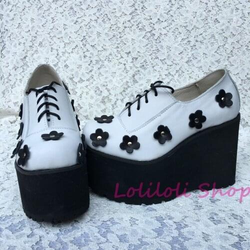 Princess sweet lolita shoes Lolilloliyoyo antaina thick bottom white bright leather skin with black flowers flat shoes 5176s-1
