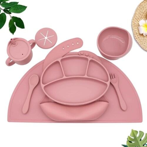 BPA-Free Food Grade Silicone Baby Dishes Sets Solid Cute Tableware For Babies Suction Cup Plate Training Straw Cup Dinner Set