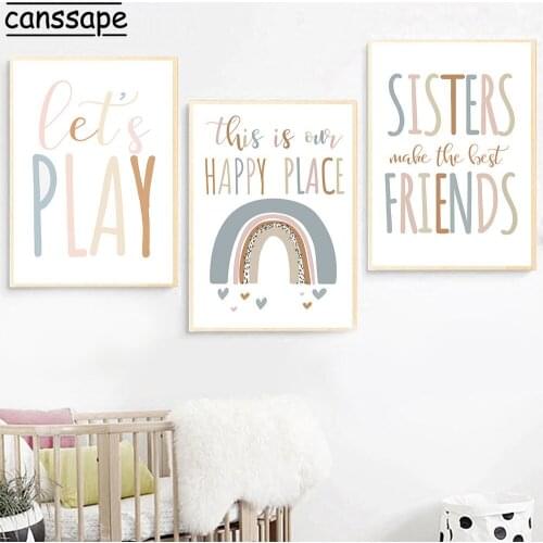 Baby Nursery Rainbow Wall Art Poster Sisters Make The Best Friends Minimalist Quotes Nordic Wall Picture Girls Kids Room Decor