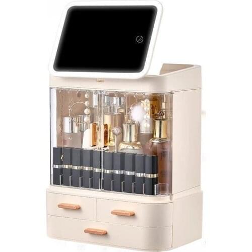 New Cosmetic Storage Box With Mirror Led Light Desktop Makeup Organizer Case Dust-Proof Drawer Type Organizer For Cosmetics