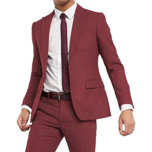 New Vintage Burgundy Mens 2-Pcs Suit Herringbone Tweed Tuxedos Groomsmen For Wedding custom size (Blazer+vest+Pants)