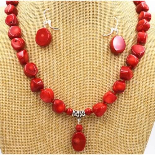 Charming Amazing Red Coral Gemstone Necklace egg-shaped pendant earring 18 "