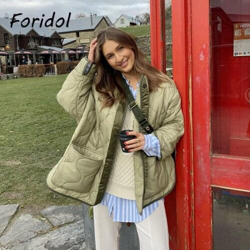 Foridol Pockets Army Green Oversized Parkas Coat Fashion Streetwear 2021 Loose Parkas Jacket Slit Autumn Winter Coat Tops New