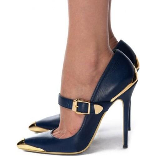 Sexy Gold Metal Pointed Toe High Heel Pumps Mary Janes Buckle Strap Office Dress Shoes 12CM Stiletto Heels Party Shoes Size 42