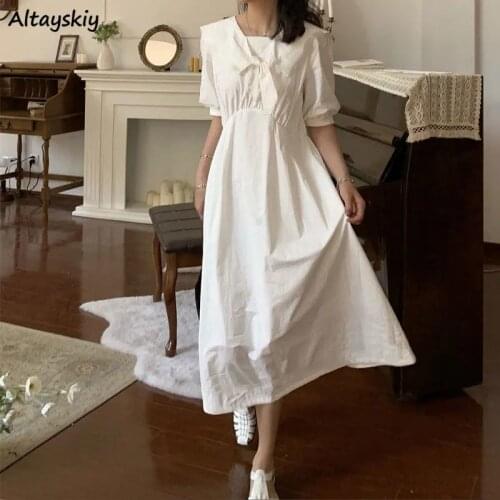 Dress Women French Fairy Preppy Style Sailor Collar Summer A-line Korean Fashion Bow Teen Girl Sweet Short Sleeve Simple Vestido