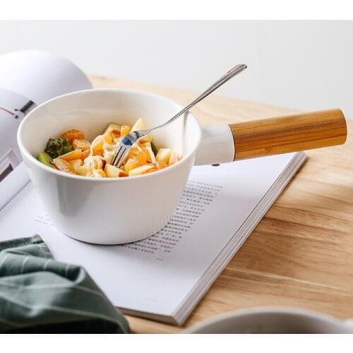 Simple white anti-scalding instant noodle soup bowl Japanese ceramic bowl wood handle creative household tableware