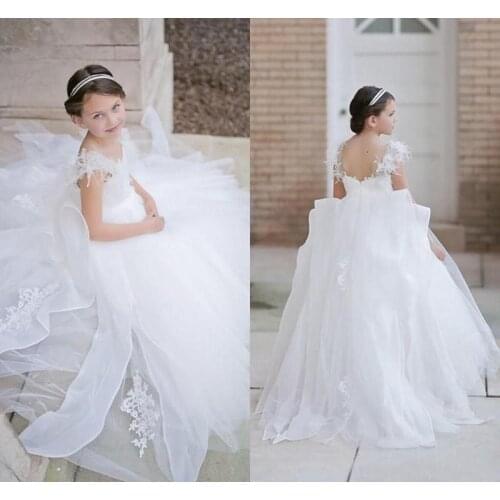 Puffy Princess Wedding Flower Girls' Dresses with Feathers Beaded Off Shoulder Pageant Party Gowns Applique Long Communion Dress