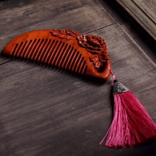 Cloud sea orchid comb rich peony pattern carving rhinoceros horn red sandalwood comb hand polished woodcrafts gift customization