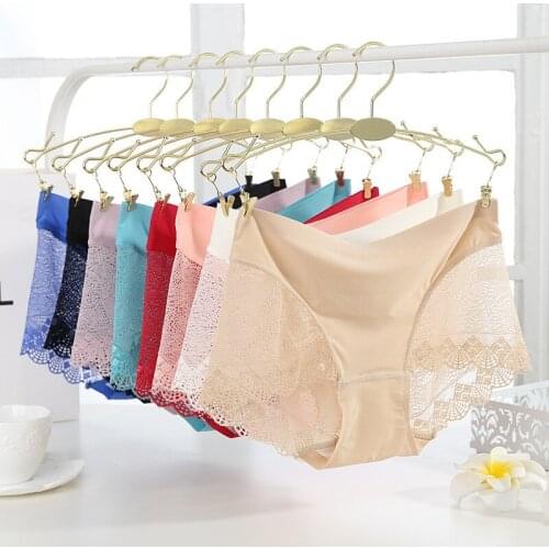 Sexy Ice Silky Panties Pretty Invisible Ladies Breathable Briefs Cotton Crotch Seamles Lace Patchwork Cute Women Underwear