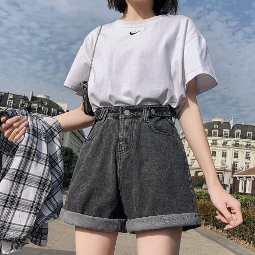 New Summer Denim Shorts Women High Waist Button Wigh Leg Jeans Basic Shorts Casual Female Loose Fit Blue Black Apricot 2021