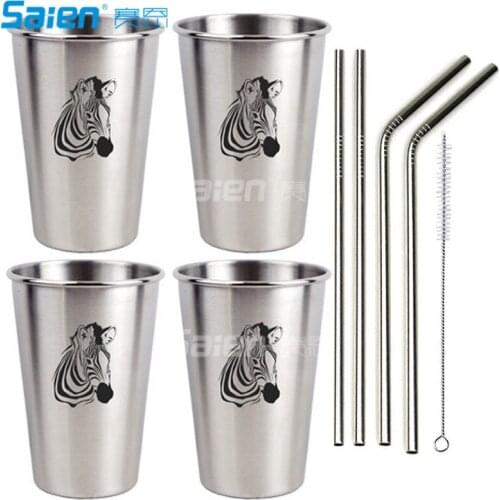 Stainless Steel Cups 16oz (Set of 4)–Healthy Metal Drinking Glasses - Premium Stackable & Shatterproof - BPA Free, Travel