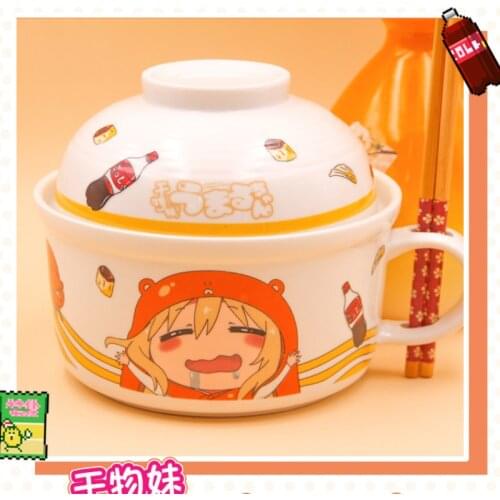 Super Large Anime Himouto! Umaru-chan Creative Instant Noodle Ceramic Cup Bowl with Lid Cute Student Lunch Box Soup Bowl Set