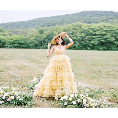 Light Yellow Elegant Exquisite Women Dress A-Line Floor Length Tulle Ruffle Layered Ball Gown V-Neck Prom Dress Custom Made