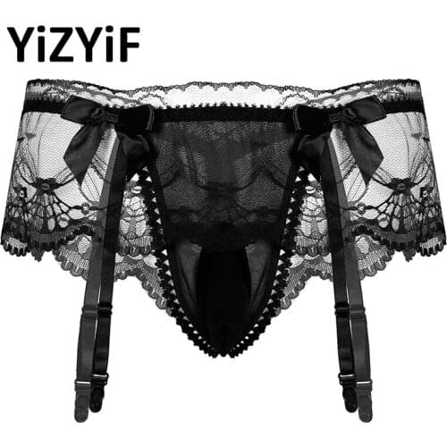 Mens Lingerie Gay Panties See Through Mesh Lace Sissy Thongs Bowknot Open Butt Jockstraps Bikini Briefs Underwear Underpants