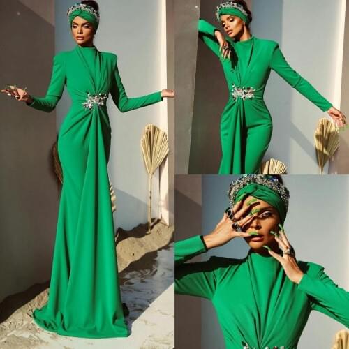 Green Evening Gowns 2020 Crystal Beads Long Sleeve Mermaid Prom Dress High Neck Custom Abiti Da Cerimonia