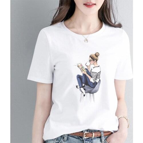 White Womens Cotton T-shirt O-neck Short Sleeve Girls Printed Female Casual Top 2021 Summer Ladies T-shirts Bottoming Hot Sale