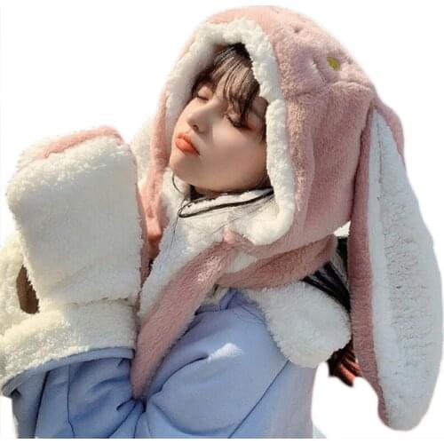 Kawaii Cartoon Rabbit Ears Hat Women Cute Warm Winter Thick Warm Long Hoodies Neck Scarf with Mittens Windproof Set