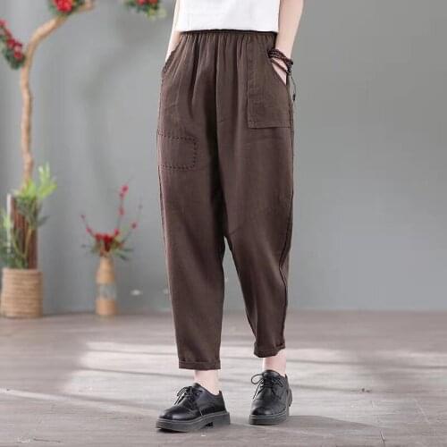 2021 New Arrival Summer Arts Style Women Loose Casual Elastic Waist Harem Pants All-matched Cotton Linen Ankle-length Pants W159
