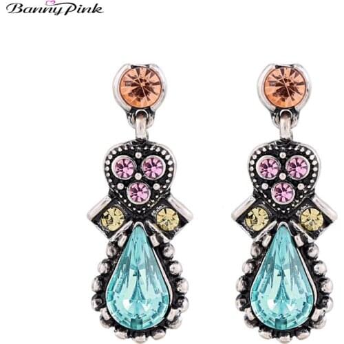 Banny Pink Vintage Alloy Heart Waterdrop Statement Studs Earrings For Women Colorful Rhinestone Pendant Post Earring Pendientes