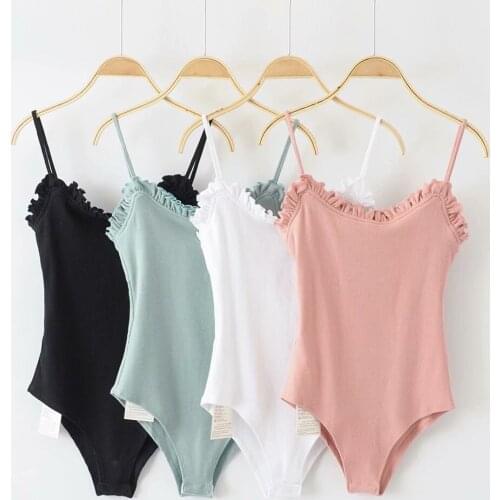 Women bodysuits Summer camisole bodysuit Elegant Frilled Camisole tops women Cute Jumpsuits Elastic Cotton ribs Rompers